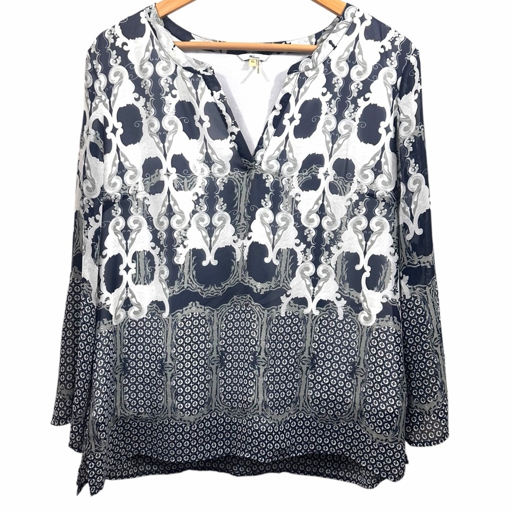 Milano Navy and Gray Printed Long Sleeve Blouse Size XL